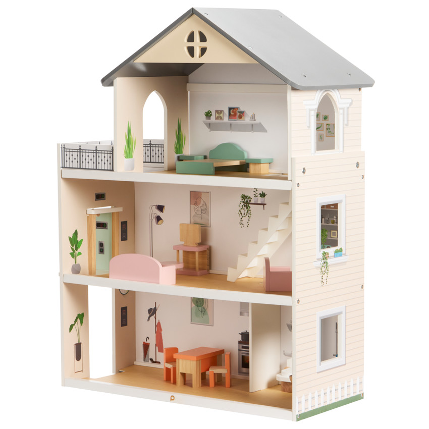 Casa de muñecas amueblada de madera 