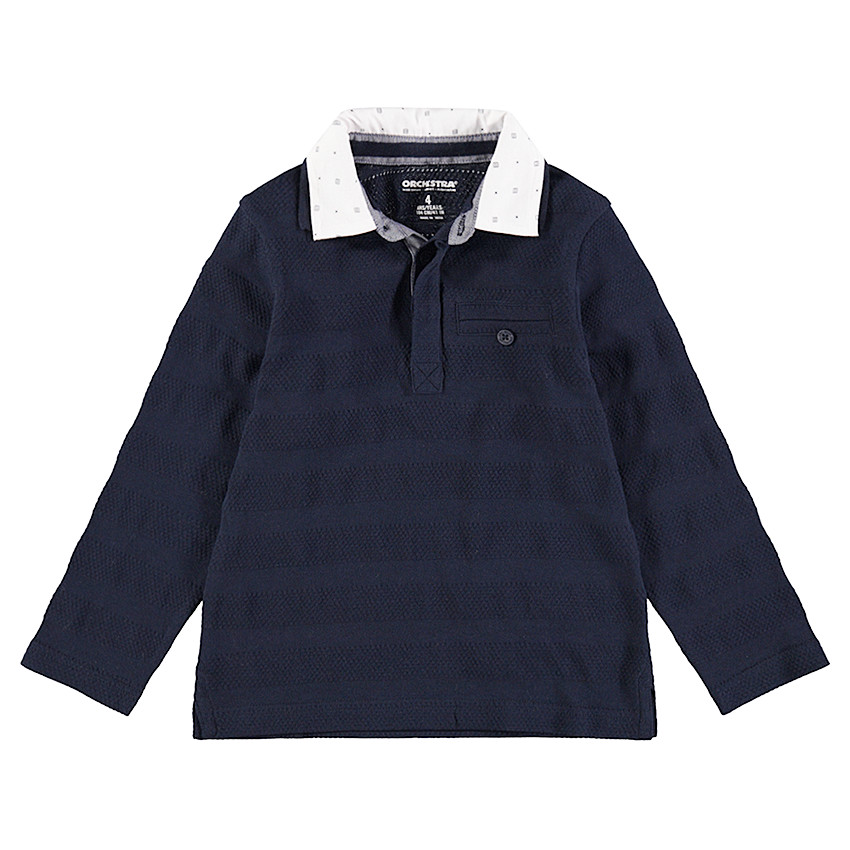 Polo de manga larga con juego de punto a modo de rayas y doble cuello. 