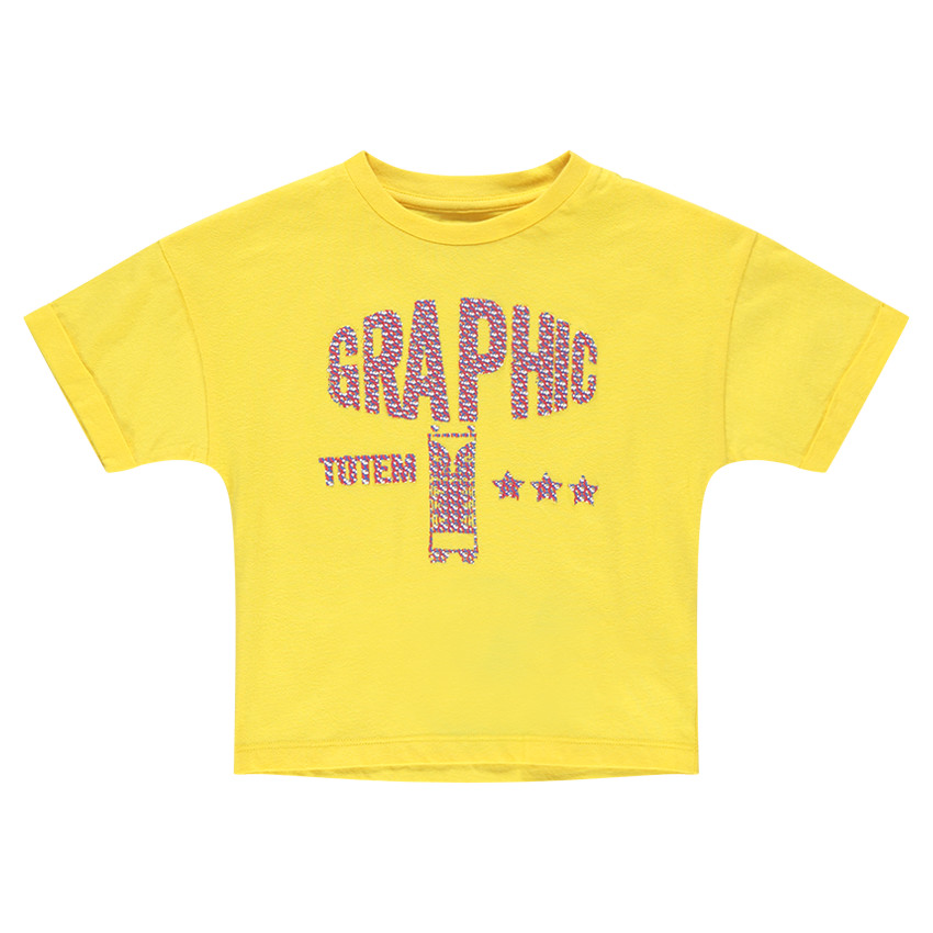 Camiseta amarilla de manga corta de punto con estampado de fantasía en relieve 