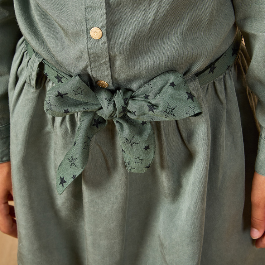 Vestido de manga larga estilo camisa con cinturón para niña 