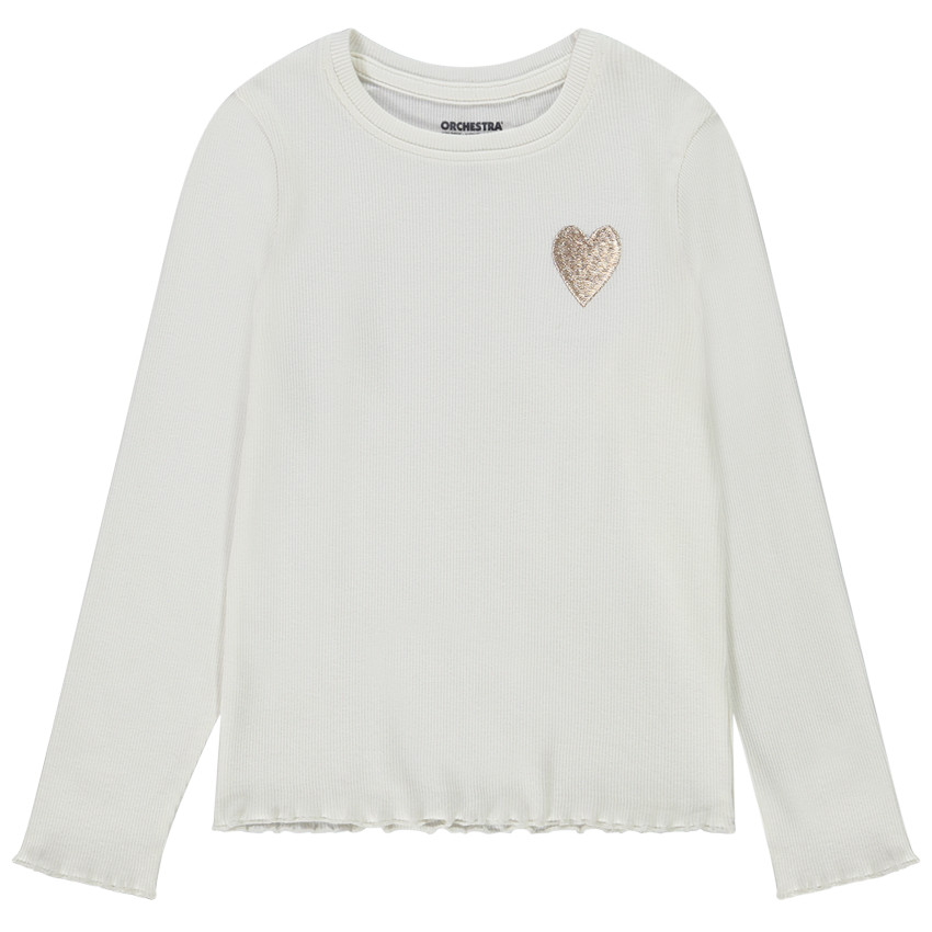 Camiseta de manga larga de punto de canalé con bordado de corazón para niña 