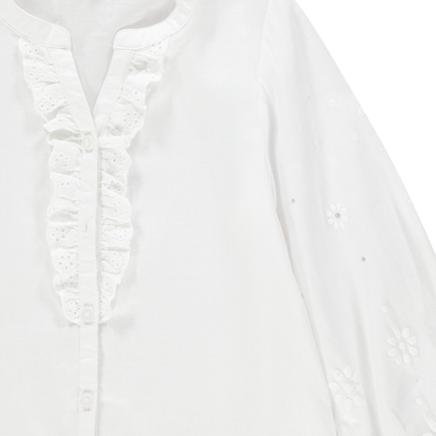 Chemise manches longues à jabots et fleurs brodées 