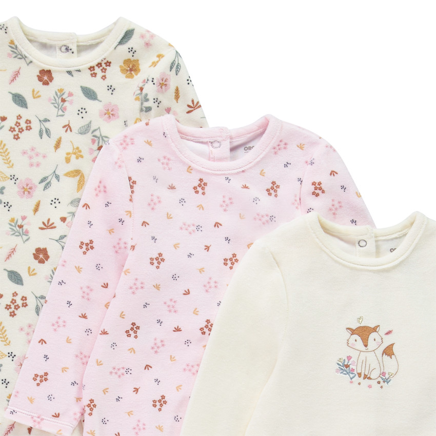 Pack de 3 peleles de terciopelo con estampado floral para bebé niña, con diferentes aperturas según la edad. 