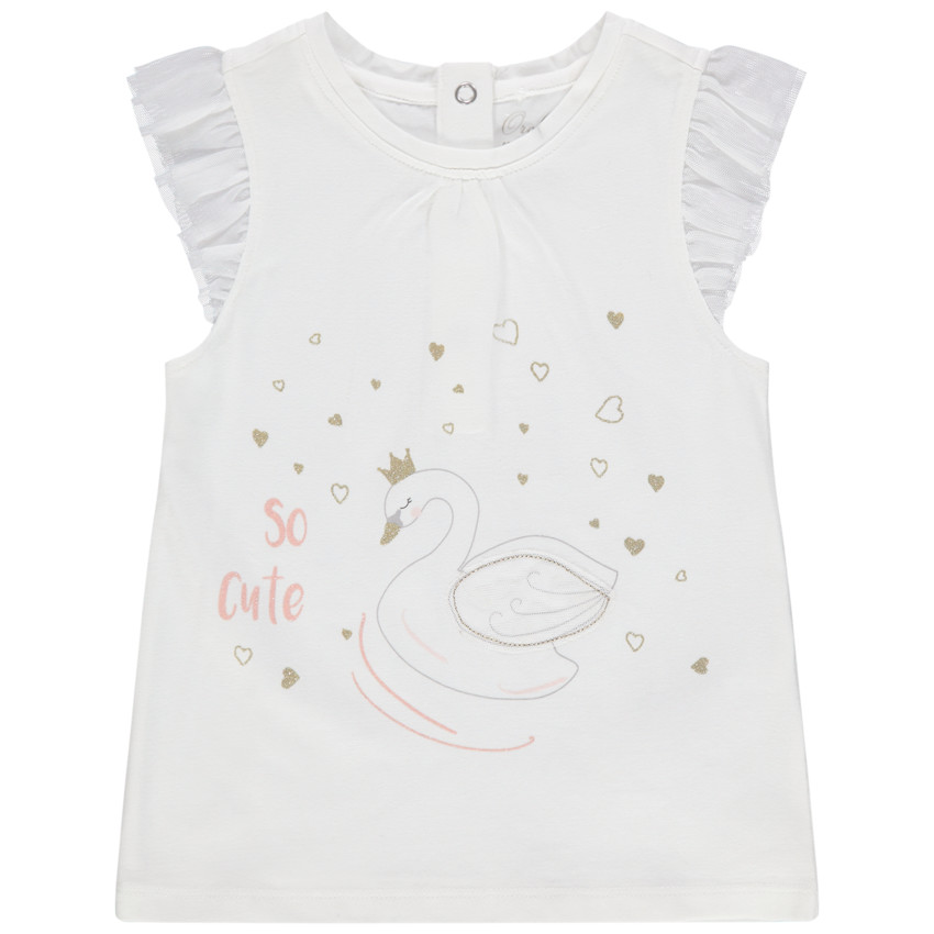 Camiseta de manga corta con volantes y cisne estampado 