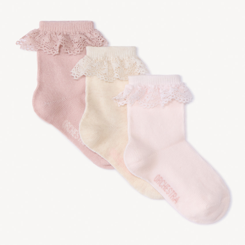Lot de 3 paires de chaussettes avec collerette en dentelle pour bébé fille Main Lot de 3 paires de chaussettes avec collerette en dentelle pour bébé fille