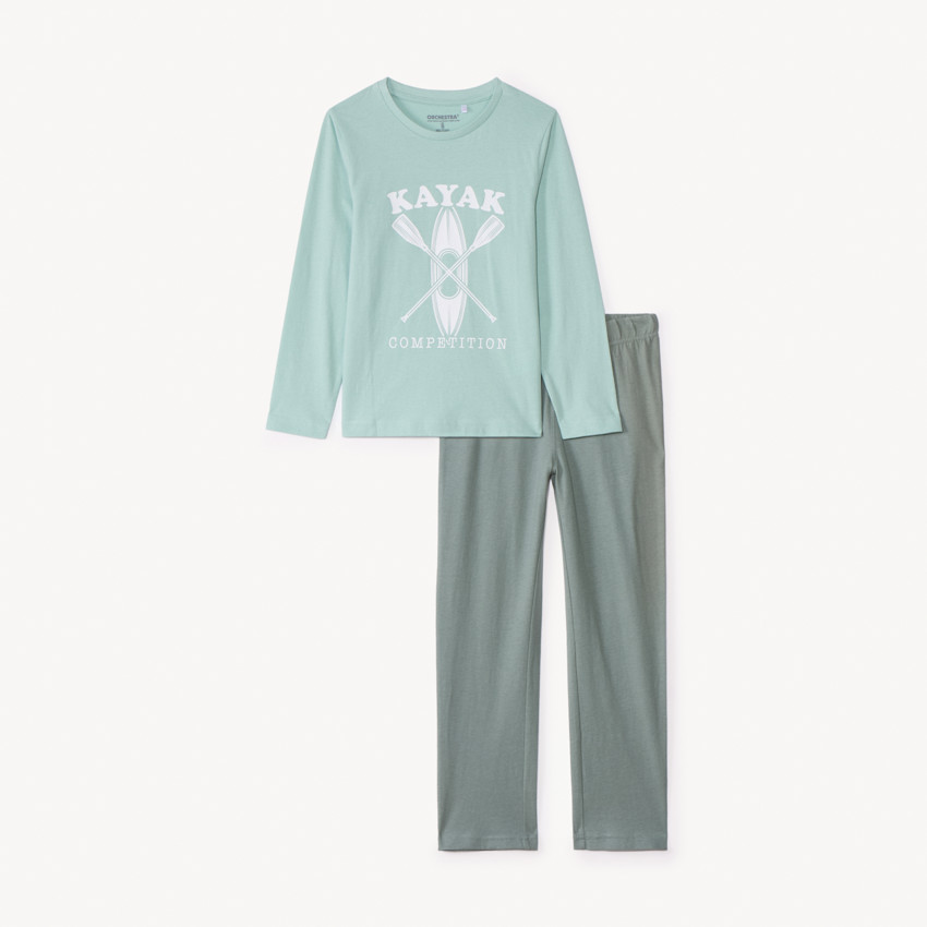 Conjunto de pijama largo de jersey con estampado de kayak para niño. 