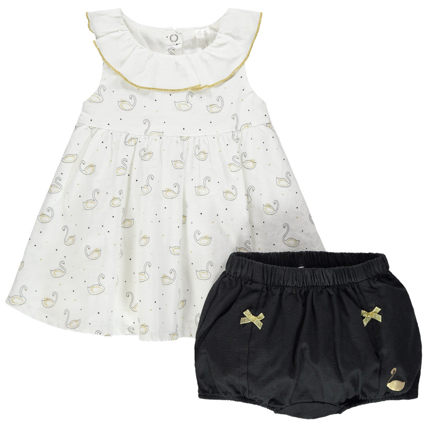 Conjunto con Vestido estampado cisnes y bloomer con nudo dorado  Additional Conjunto con Vestido estampado cisnes y bloomer con nudo dorado