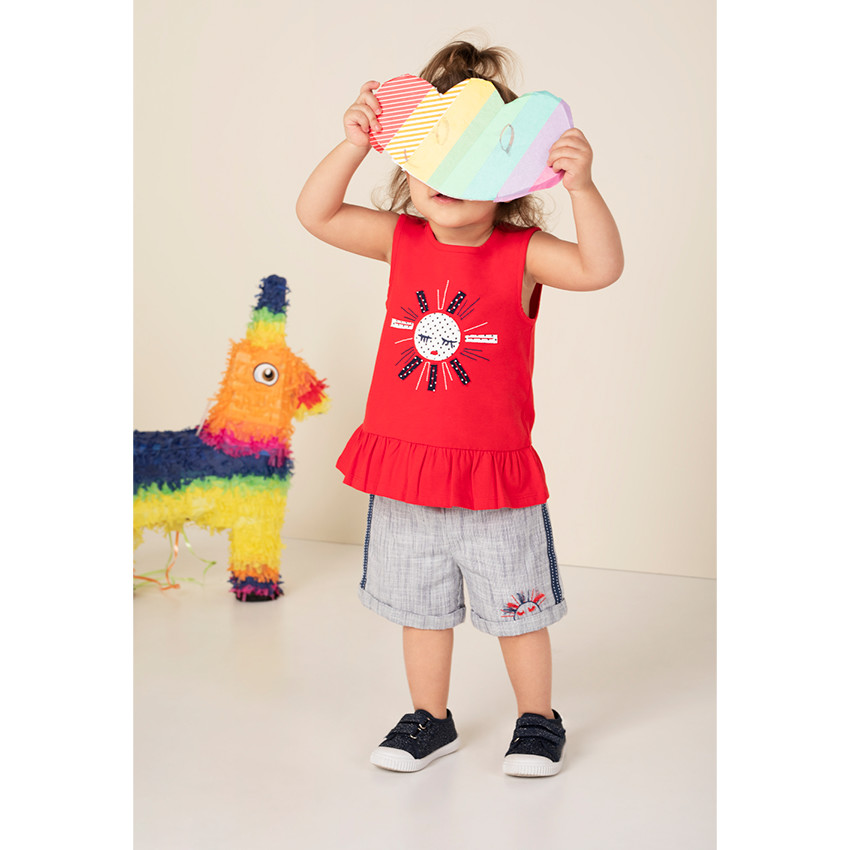 Camiseta de manga corta con volantes de punto y sol bordado  