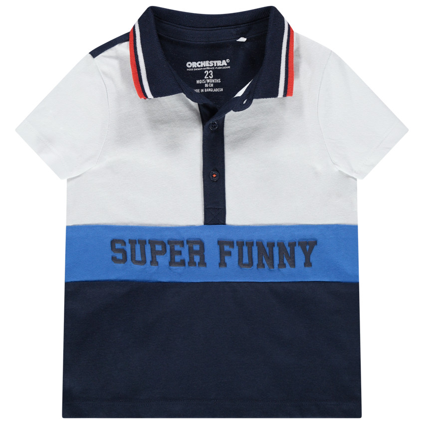 Polo de manga corta tricolor de algodón ecológico con inscripciones de relieve 