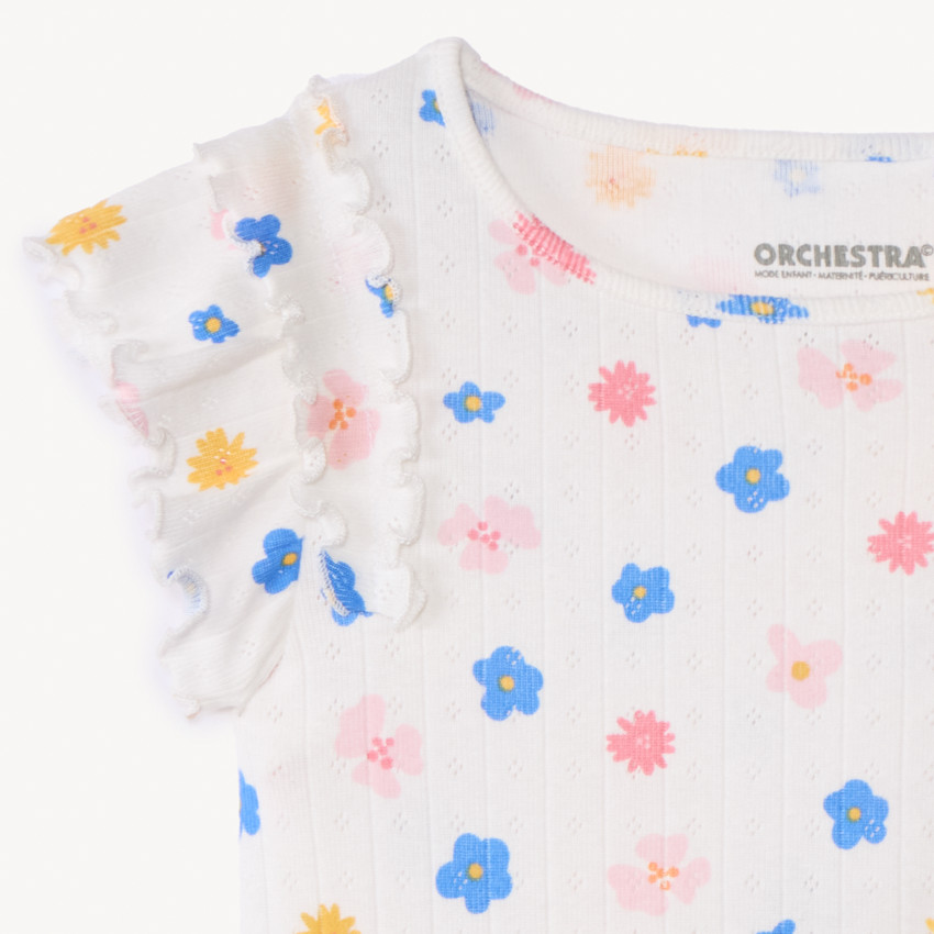 Camiseta de manga corta de punto de canalé con estampado de flores para niña 