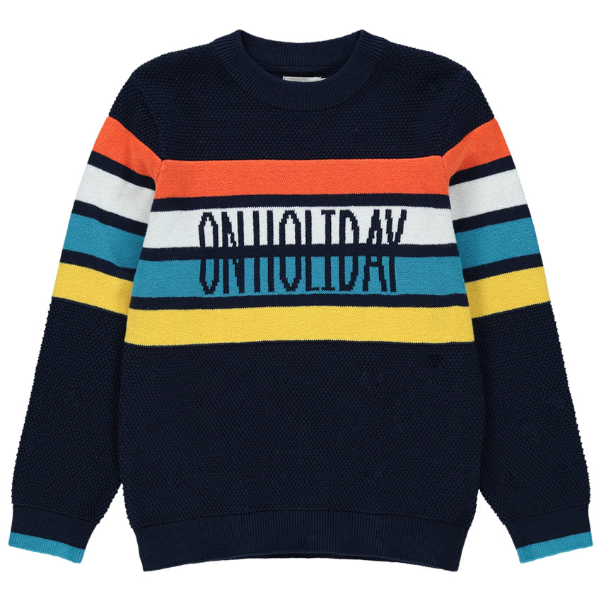 Jersey de punto de fantasía con bandas que contrastan y mensaje de jacquard 