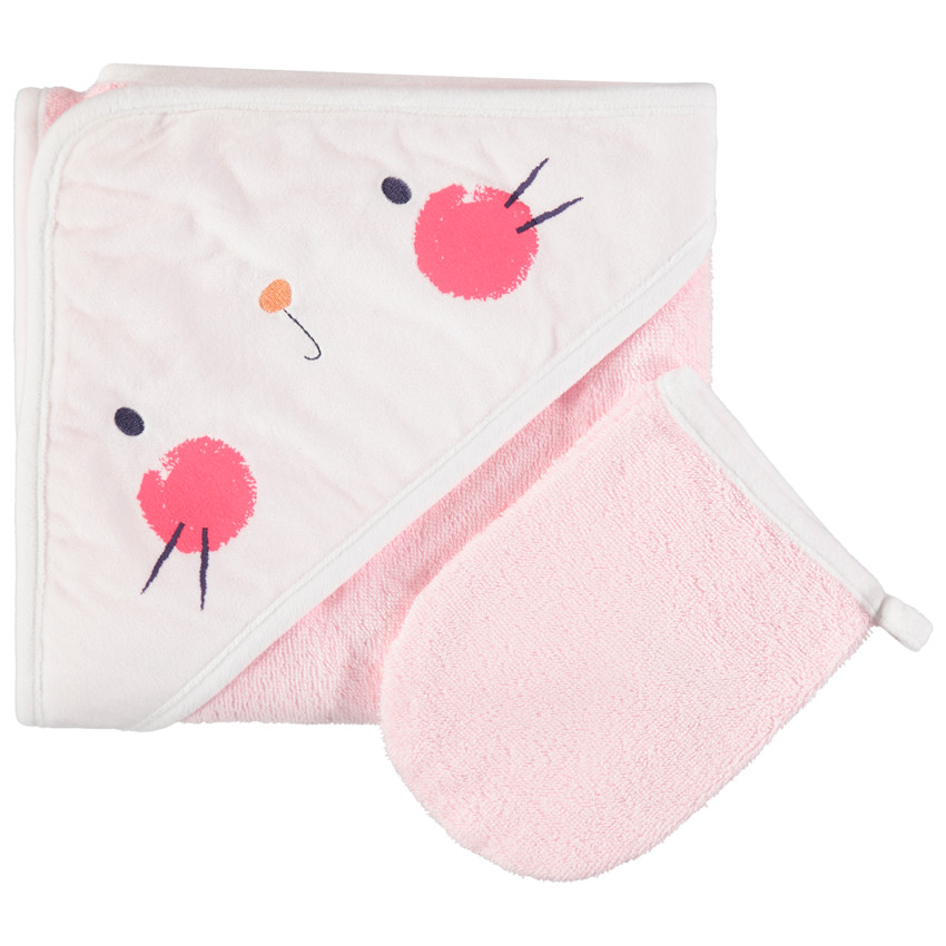 Conjunto de baño de rizo con capa con capucha  y guante estampado gato 