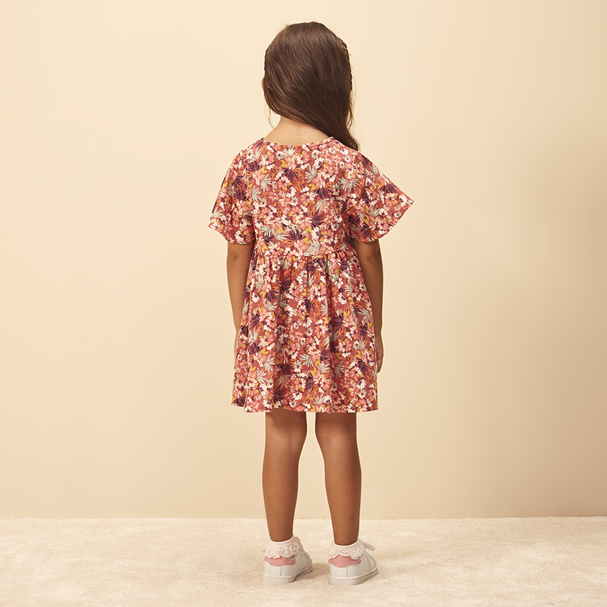 Vestido de manga corta en tela estampada de flores para niña bebé 