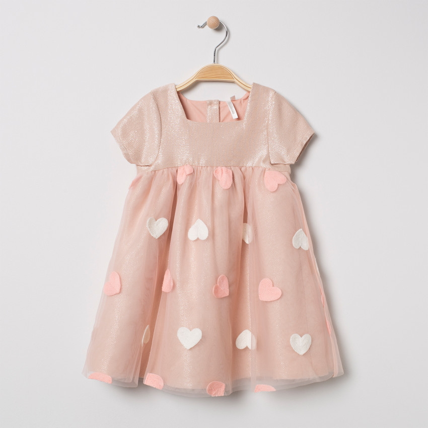 Robe de cérémonie en maille irisée et tulle à coeurs 