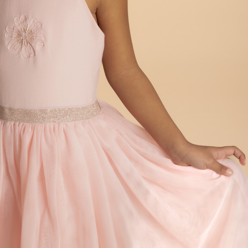 Vestido de ceremonia bicolor con tirantes y flor para niña 