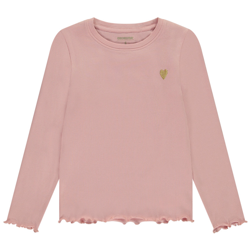 Camiseta de manga larga de punto de canalé con bordado de corazón dorado para niña 