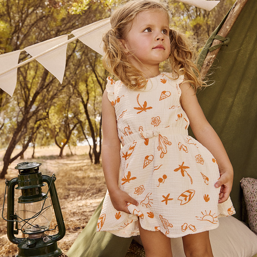 Vestido de manga corta en tetra con estampado fantasía para bebé niña 