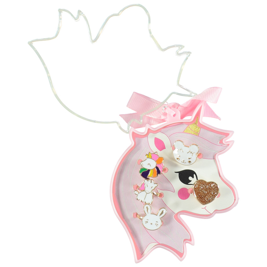 Lote de 5 anillos de fantasía + caja unicornio para niña 