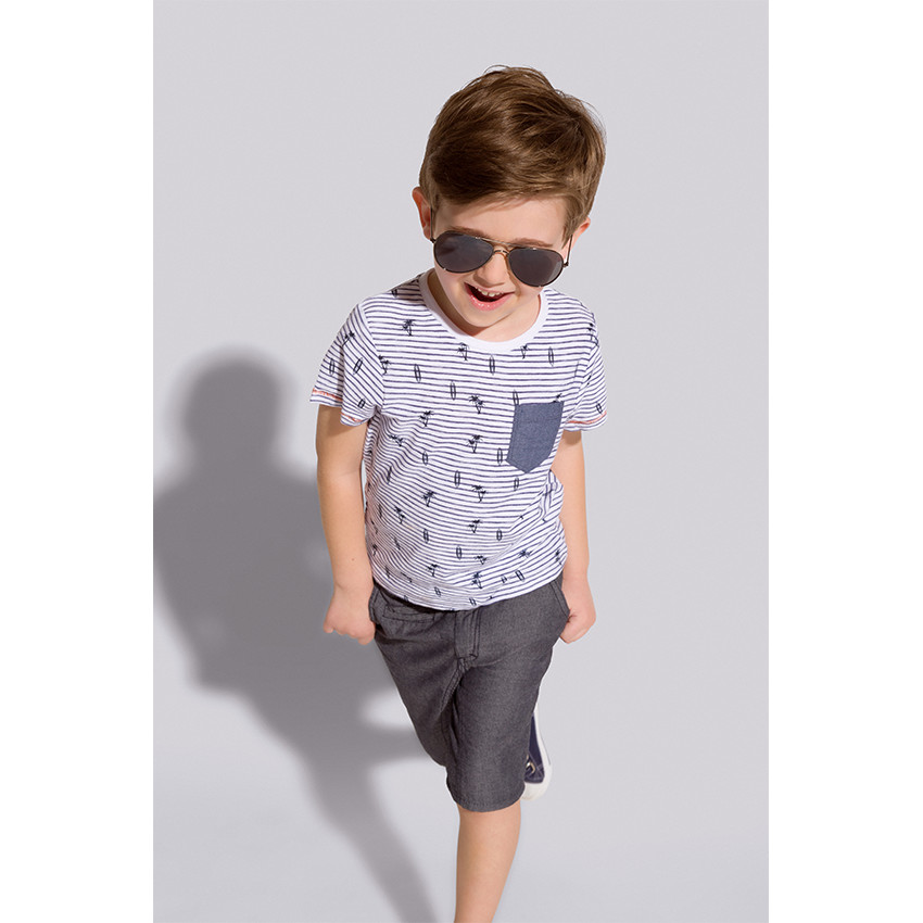 Camiseta de manga corta de rayas estampadas con bolsillo 