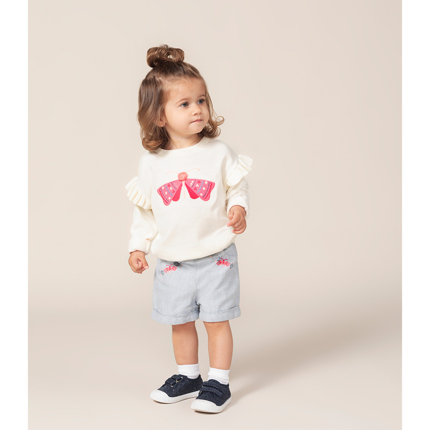 Jersey de punto fino con mangas con volantes y mariposa bordada 