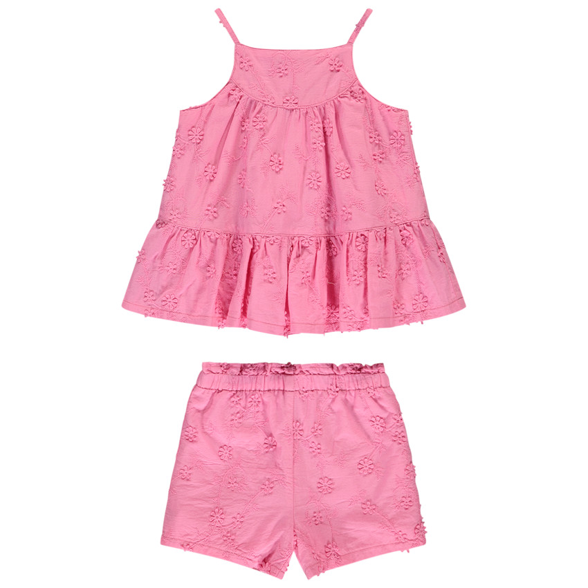 Conjunto de tirantes y short rosa con bordado inglés para bebé niña 