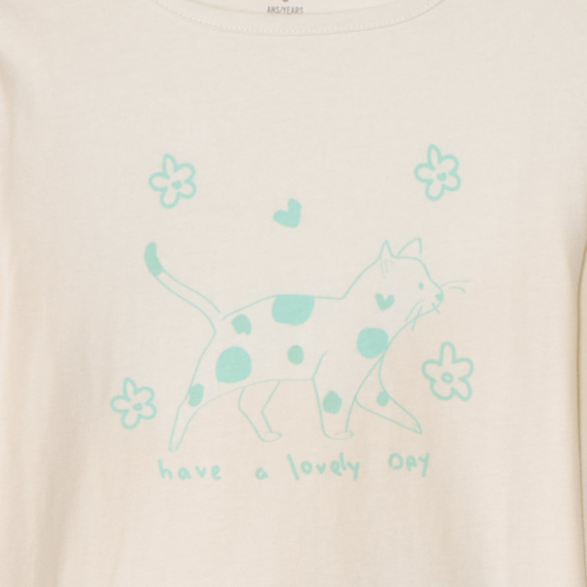 Conjunto de pijama largo de jersey con estampado de gato para niña. 