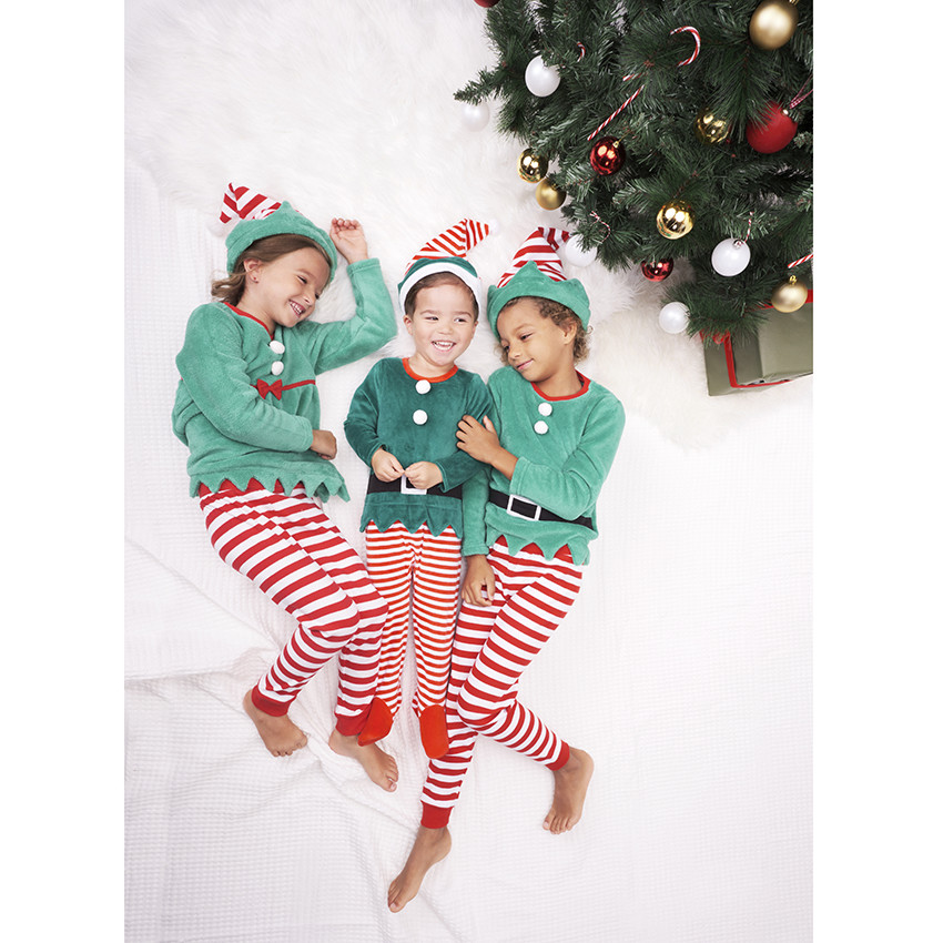 Pijama de duende de Navidad para niño en polar, disfraz con conjunto y gorro 