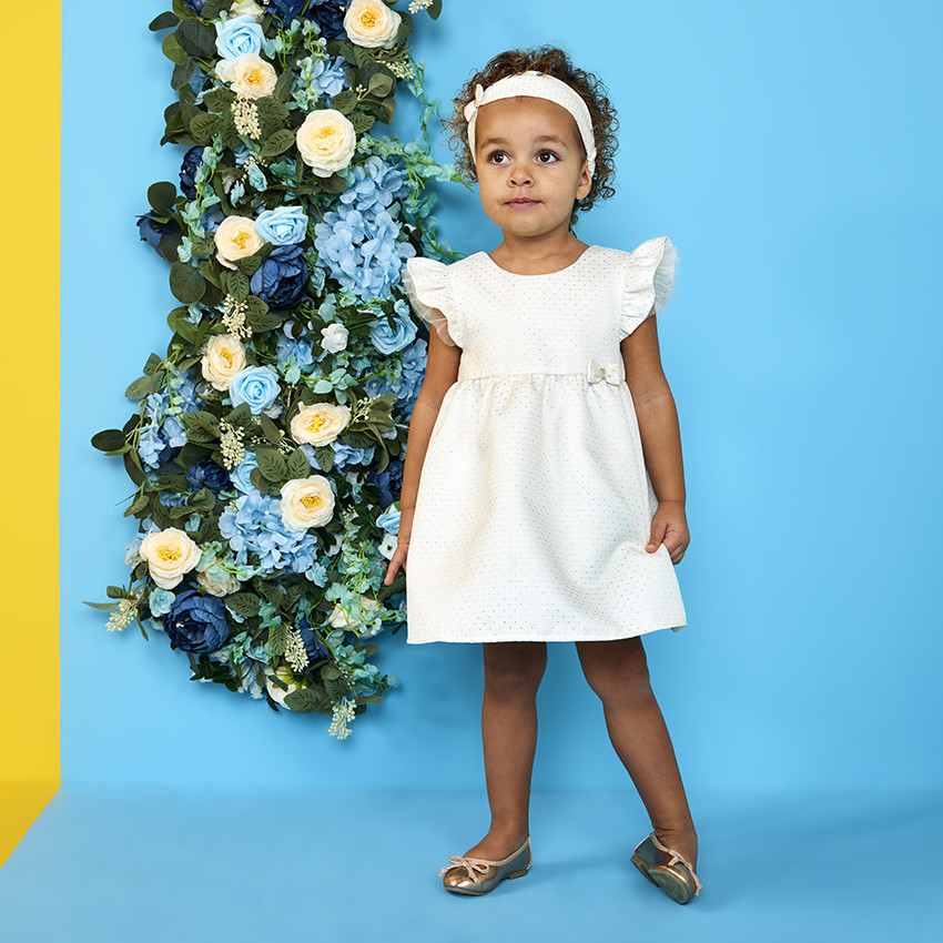 Conjunto de ceremonia vestido de jacquard + diadema para bebé niña 