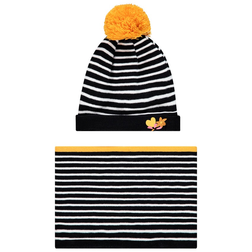 Conjunto gorro y bufanda tipo snood de punto a rayas 