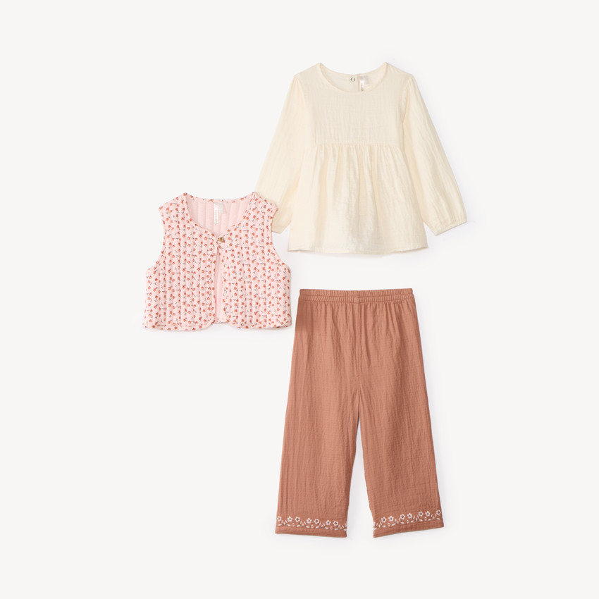 Conjunto de 3 piezas para bebé niña: blusa + pantalón + chaleco sin mangas con flores. 