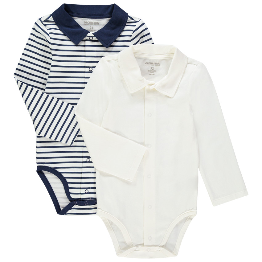 Pack de 2 bodies de manga larga lisos y rayados para bebé niño 