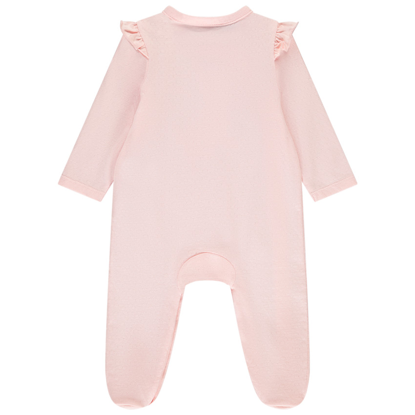 Pelele rosa fantasía con estampado y volantes para niña. 