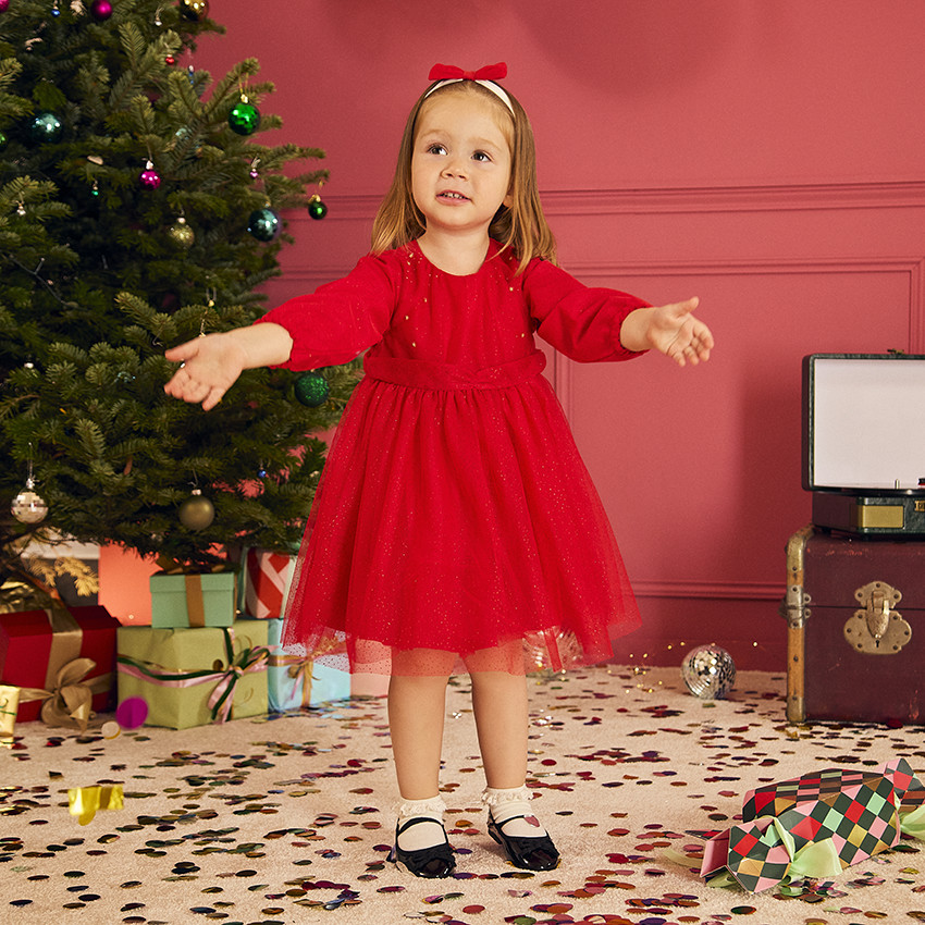 Vestido de fiesta de manga larga en tul brillante para niña bebé 