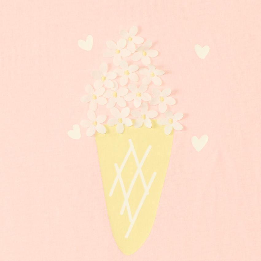 Camiseta de manga corta con volantes y estampado de helado con flores en relieve para niña bebé. 