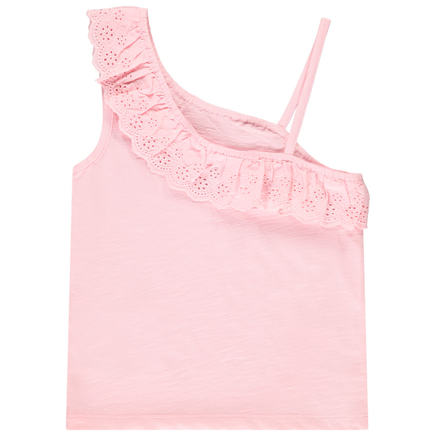 Top con tirantes asimétricos y bordado inglés para niña 