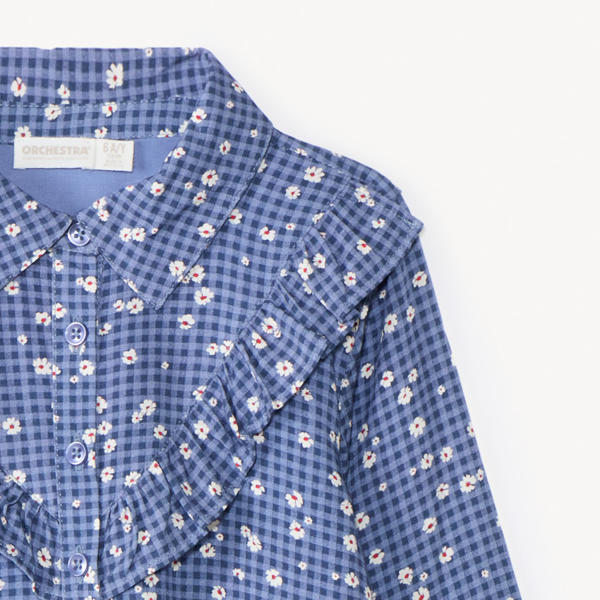 Robe manches longues à carreaux imprimé fleurs pour fille 