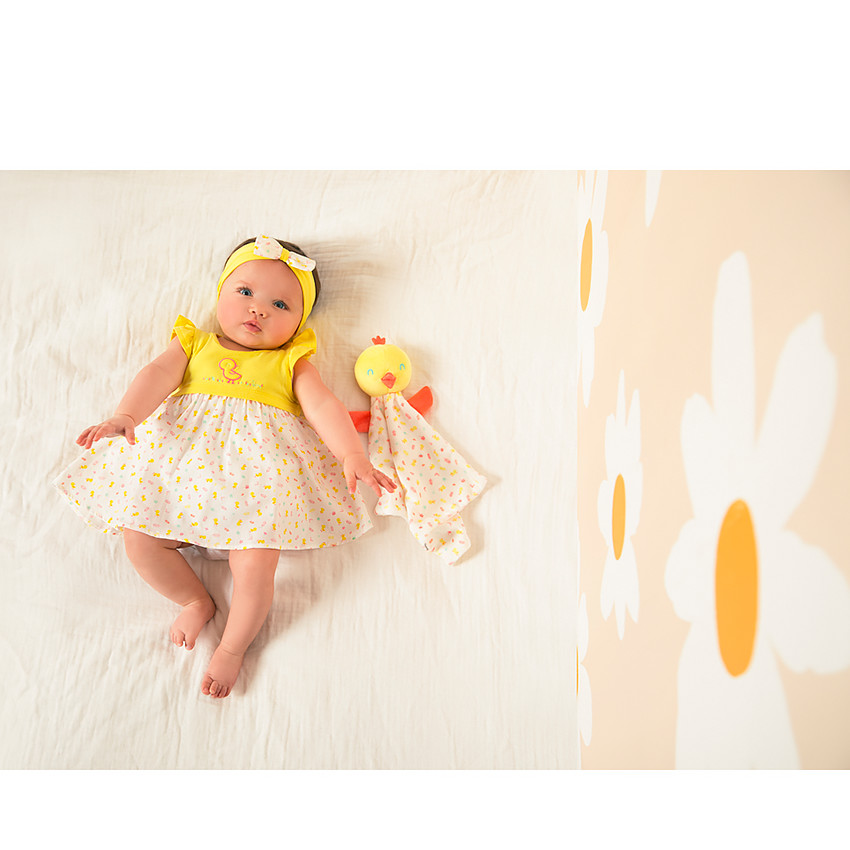 Robe 2 en 1 en jersey et voile de coton imprimé poussin pour bébé fille 