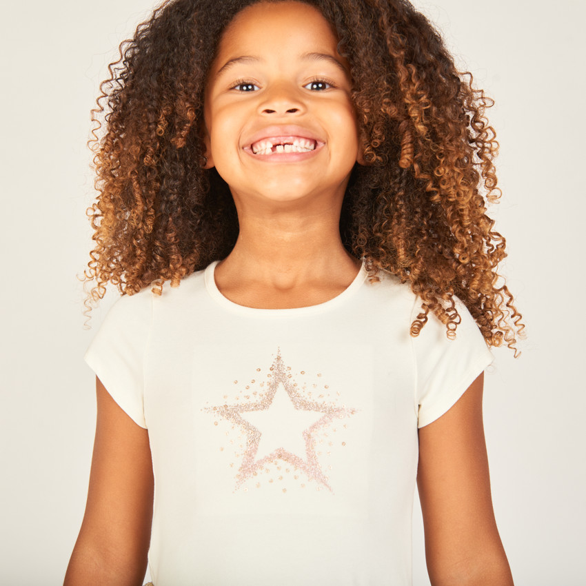 Vestido de fiesta de manga corta con efecto 2 en 1 brillante para niña 