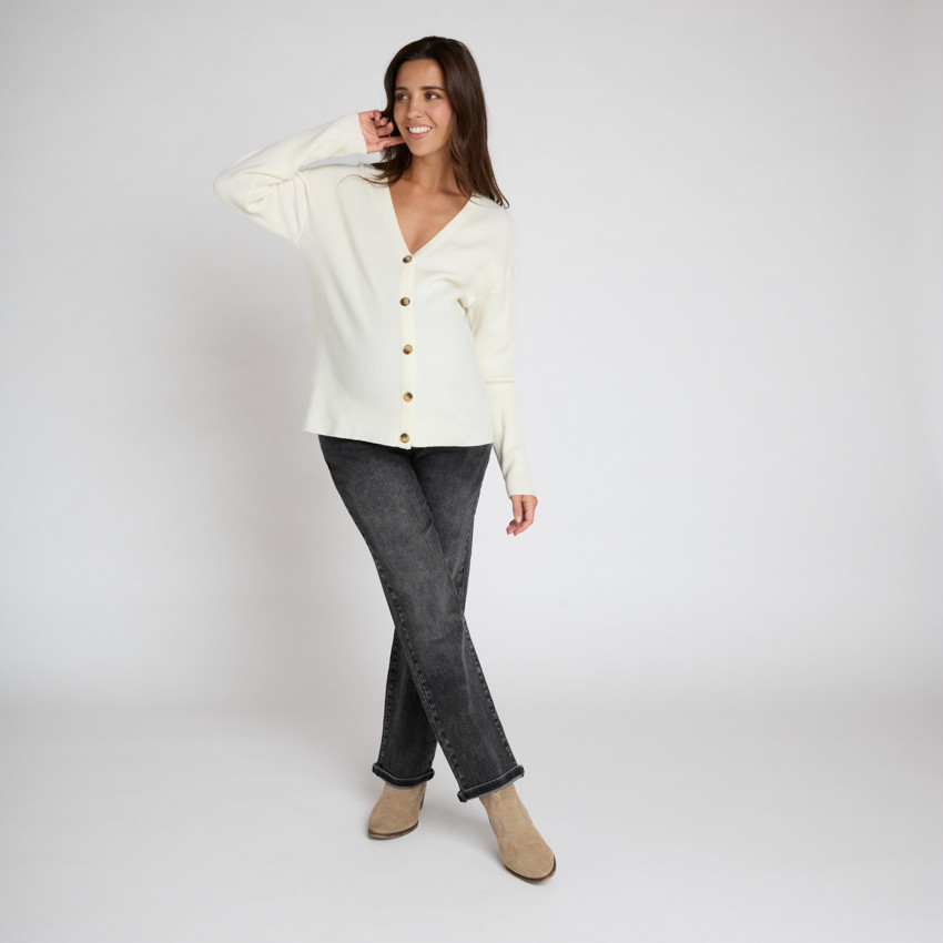 Chaqueta de punto lisa de manga larga con botones para mujer 