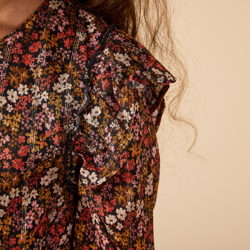 Vestido de manga larga con volantes en los hombros para niña 