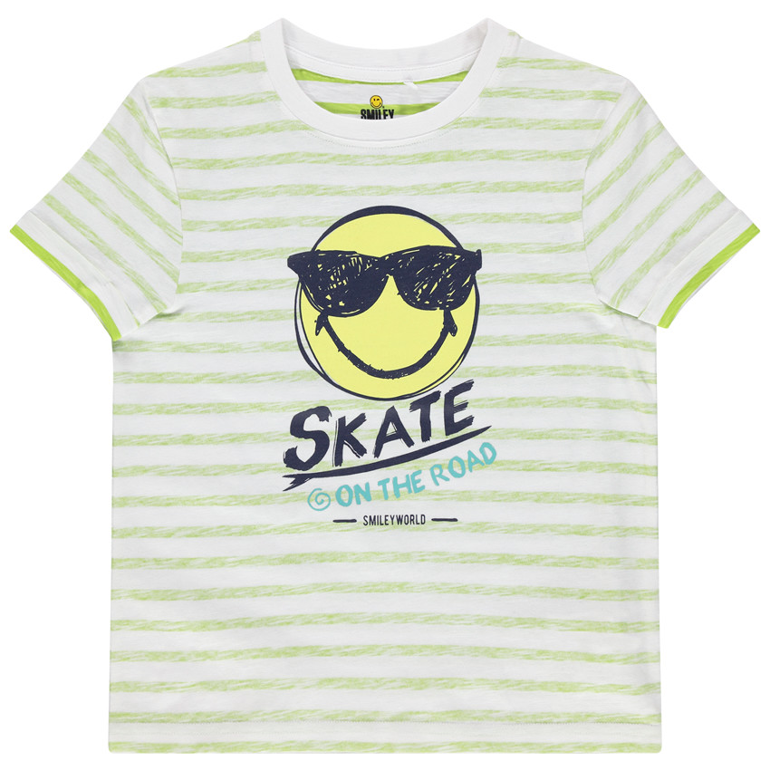 camiseta mangas cortas con reverso de rayas y print Smiley  