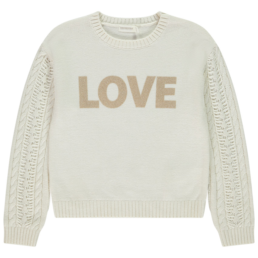 Suéter de punto con mangas caladas y estampado fantasía para niña 