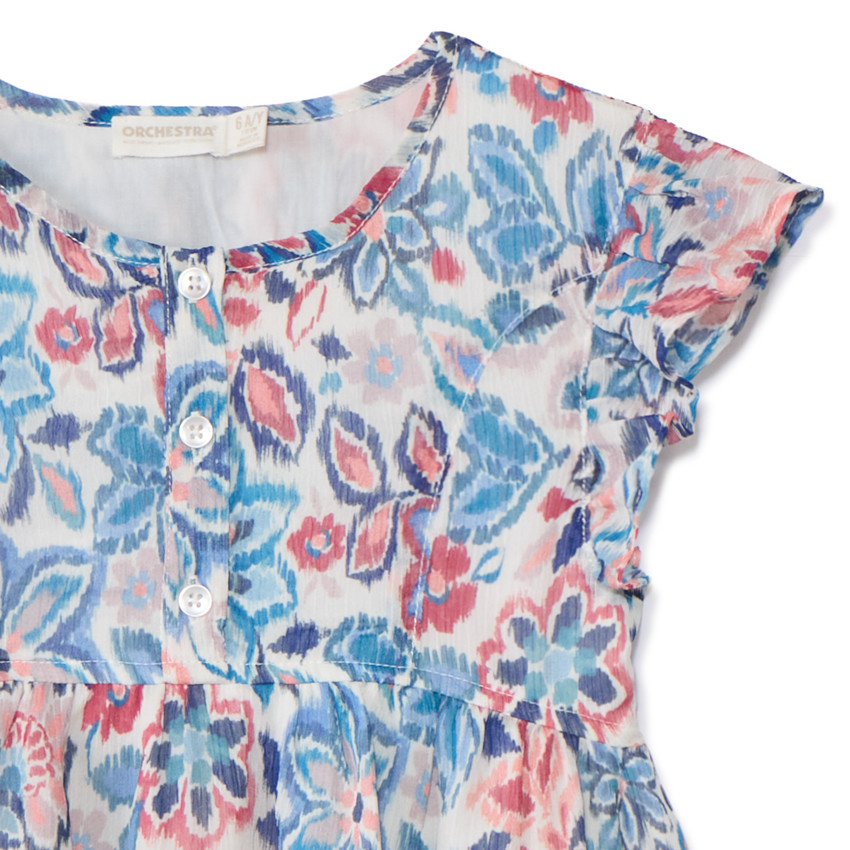 Vestido de manga corta con volante y estampado para niña 