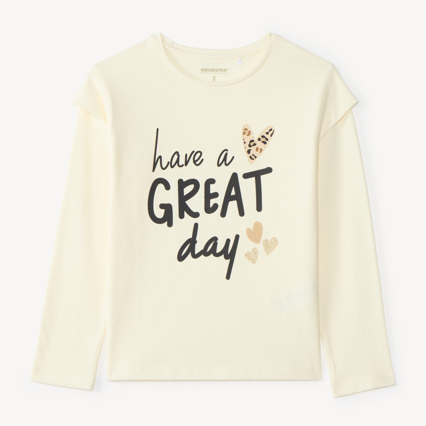 Camiseta de niña de manga larga con estampado de mensaje y corazones 