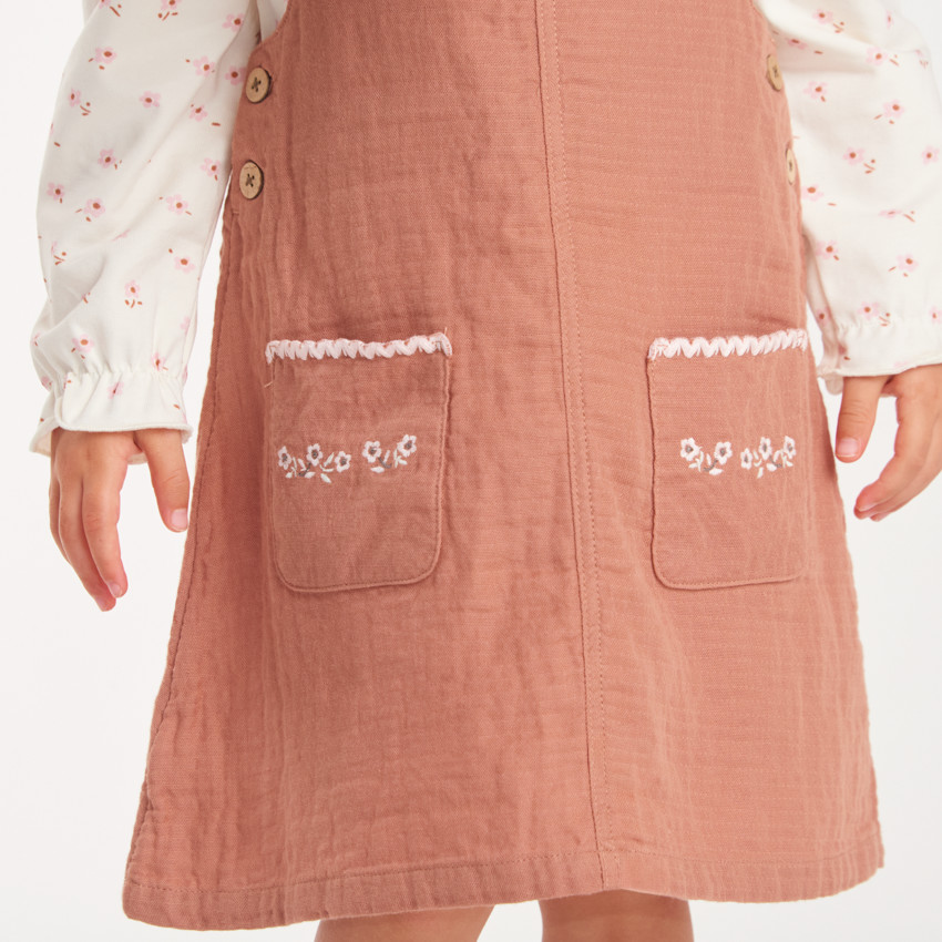 Conjunto para bebé niña con vestido de gasa de algodón y camiseta con estampado de flores. 