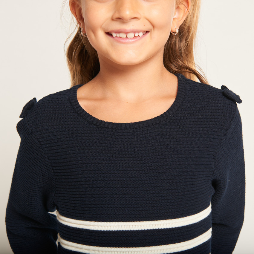 Vestido de punto efecto marinière con lazos en los hombros para niña 