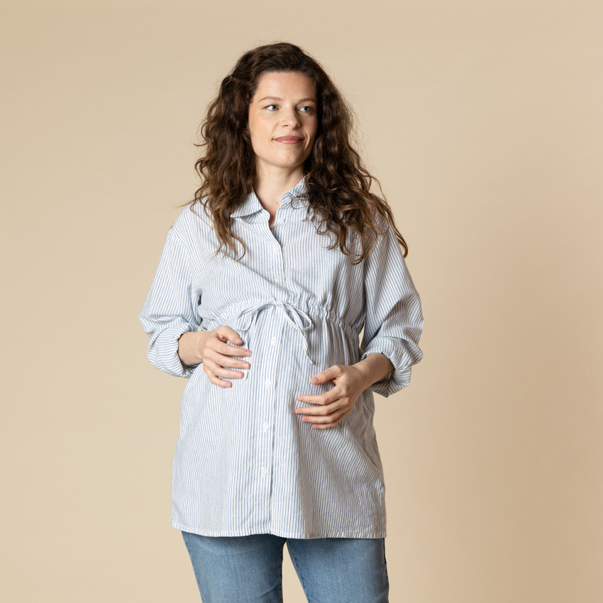 Camisa de manga larga de embarazo y lactancia a rayas con lazo. 