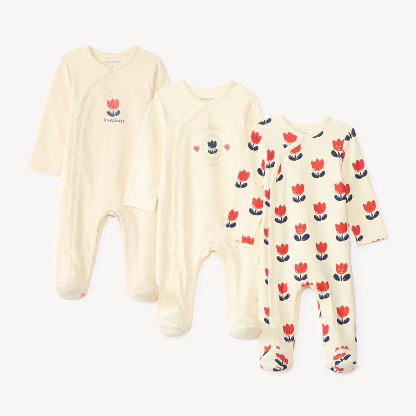 Lote de 3 pijamas para bebé niña con motivo de tulipanes (Acabados diferentes según la edad) 