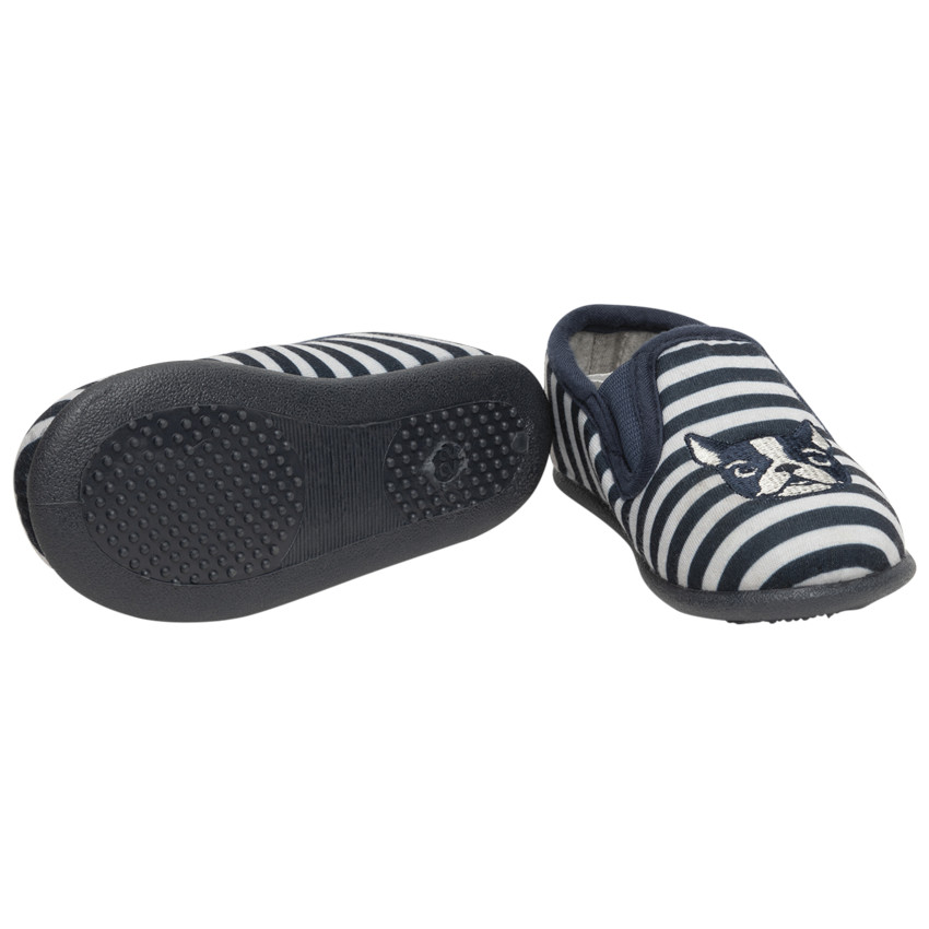 Patucos de terciopelo con rayas y motivo de bulldog para bebé niño 