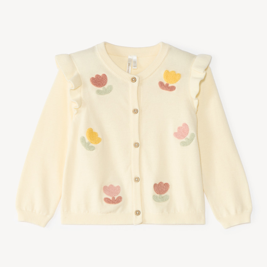 Chaleco de bebé niña de punto con diseño fantasía y parche de bucle. 